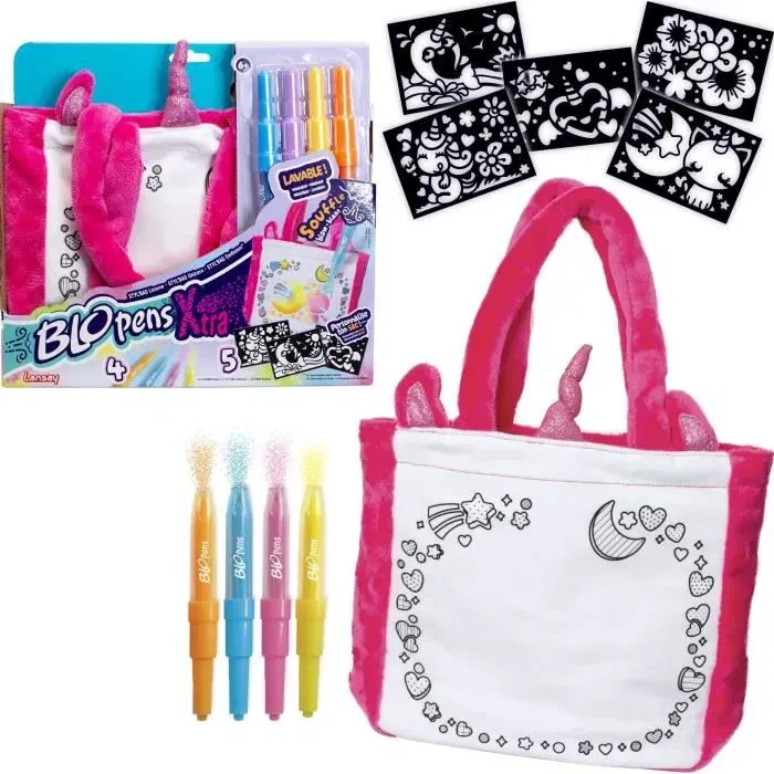 Lansay Styl'bag Blopens - Kit créatif avec 4 feutres souffleurs, 5 pochoirs et 1 sac à colorier licorne - Jeu aérographique lavable pour enfants dès 6 ans