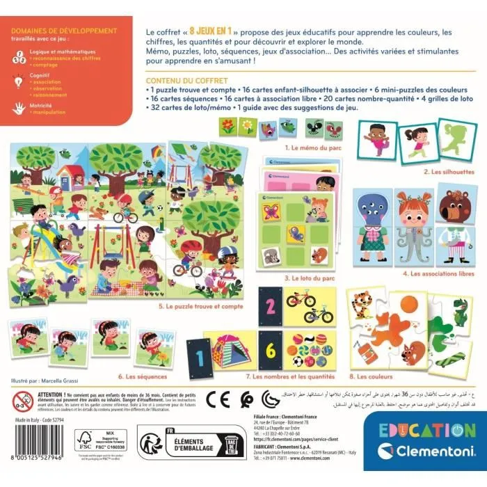 Clementoni - Coffret 8 Jeux en 1 Éducatifs - Formes, Couleurs, Nombres, Quantités, Mémoire, Logique - Dès 3 Ans