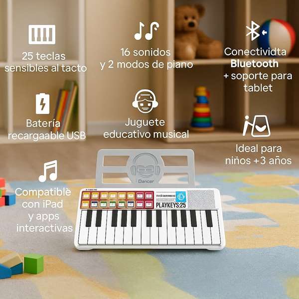 iDance - Piano électronique 25 touches - Clavier pour débutant avec connexion USB - Langue anglais - Coloris Blanc - Jouet musical en plastique