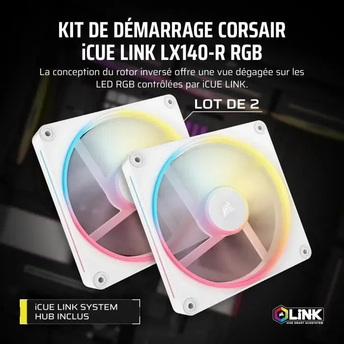 Corsair iCUE LINK LX140-R RGB CO-9051056-WW - Ventilateur PC 140 mm Blanc Double avec Contrôle RGB et Pression d'Air 3.55 mmH2O
