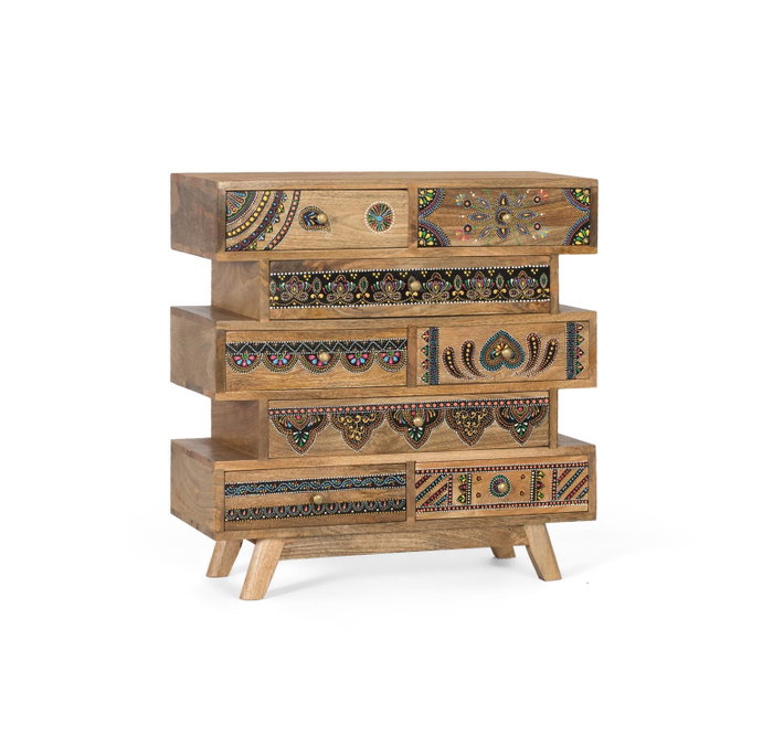 GINER Y COLOMER Commode en bois de manguier massif 8 tiroirs avec fronts peints à la main - Décors artisanaux uniques - Patines 10 cm GINER Y COLOMER Commode en bois de manguier massif 8 tiroirs avec fronts peints à la main - Décors artisanaux uniques - Patines 10 cm