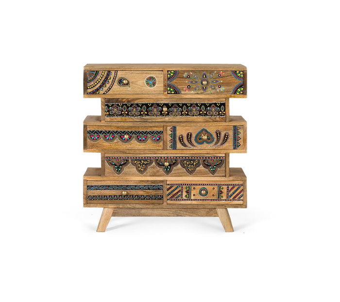 GINER Y COLOMER Commode en bois de manguier massif 8 tiroirs avec fronts peints à la main - Décors artisanaux uniques - Patines 10 cm