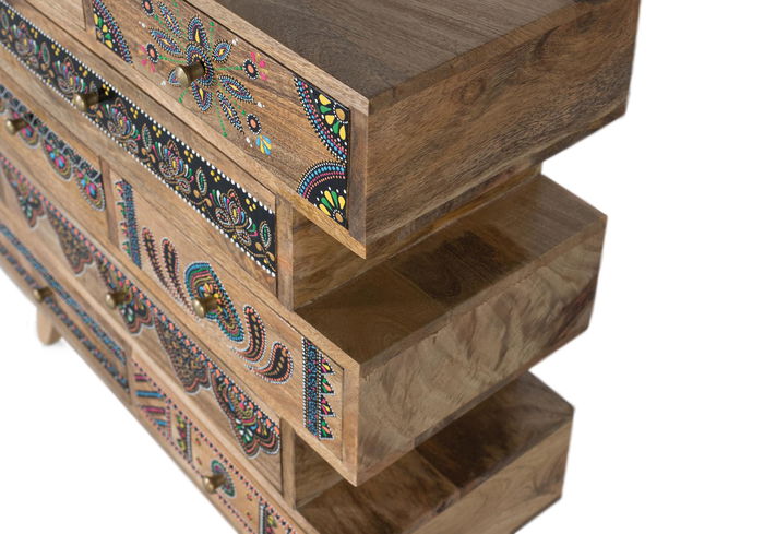 GINER Y COLOMER Commode en bois de manguier massif 8 tiroirs avec fronts peints à la main - Décors artisanaux uniques - Patines 10 cm