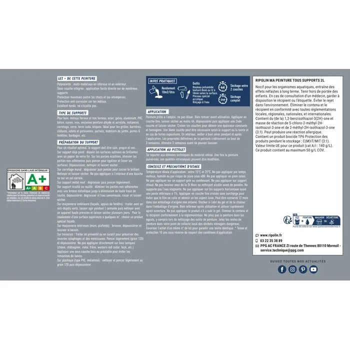 Ripolin Peinture Multisupports Bois, Fer, Métal, Béton RAL 7000 Gris Bleu Mat - 2 Litres - Résiste aux UV et Intempéries