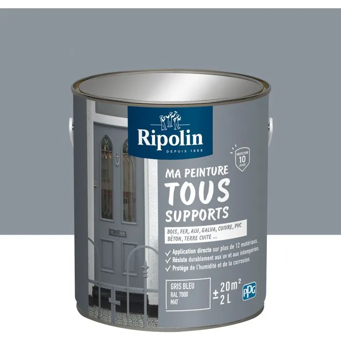 Ripolin Peinture Multisupports Bois, Fer, Métal, Béton RAL 7000 Gris Bleu Mat - 2 Litres - Résiste aux UV et Intempéries