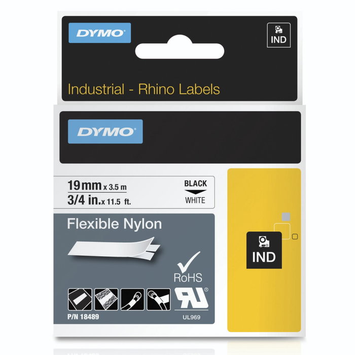 Dymo Ruban d'étiquetage flexible en nylon Noir sur Blanc 19 mm x 3,5 m/4 m
