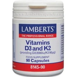 Lamberts Vitamina D3 2000Ui+K2 90Mcg 90Cap. Complément Alimentaire Vitamine D3 et K2 MK-7 Naturelle