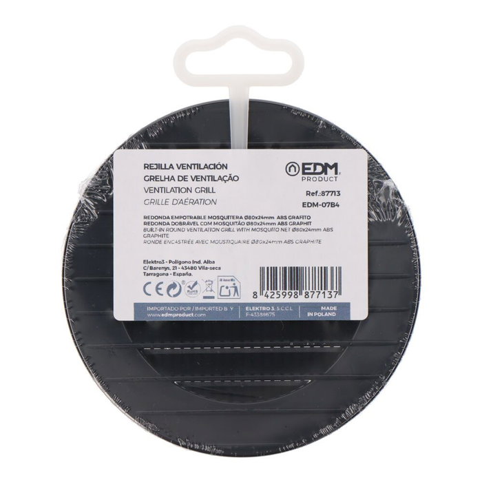 Edm Rejilla de ventilation ronde encastrable avec moustiquaire ABS gris anthracite Ø80 mm / Ø110 mm