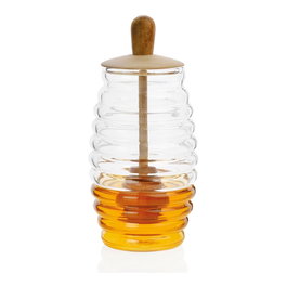 Andrea House Ms66068 Pot à miel en verre borosilicaté et bois avec cuillère 300 ml Ø5,5 x 15,5 cm