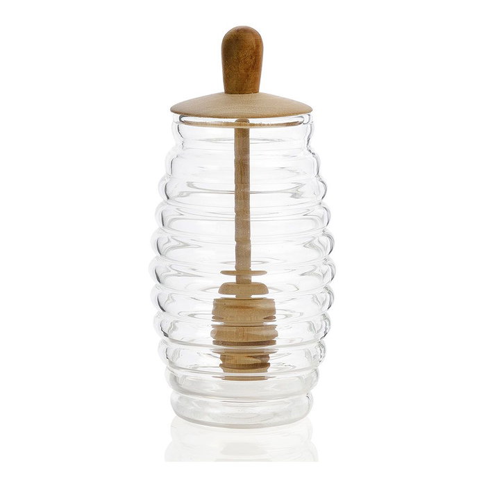 Andrea House Ms66068 Pot à miel en verre borosilicaté et bois avec cuillère 300 ml Ø5,5 x 15,5 cm