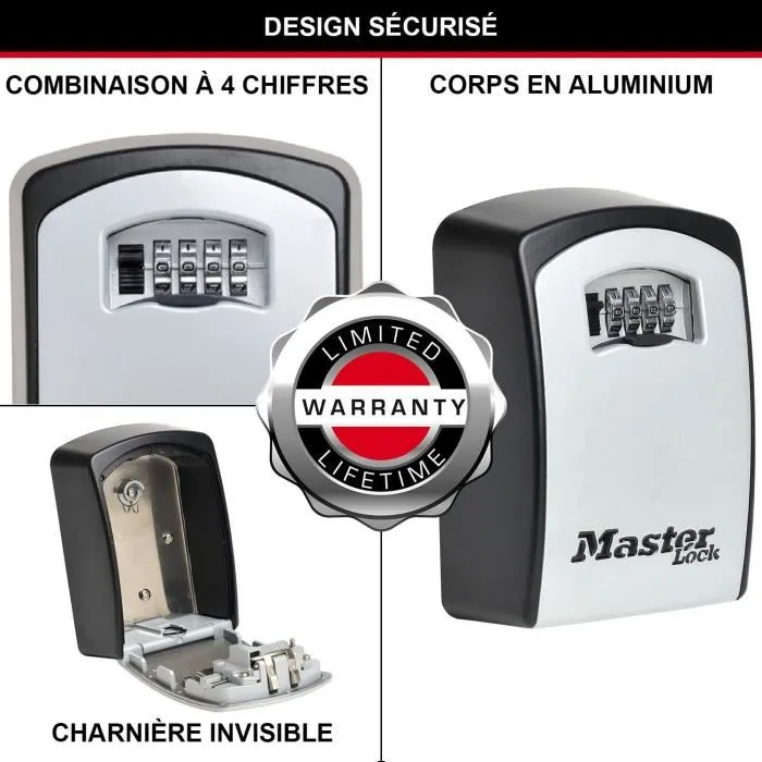 Master Lock - 5403EURD - Coffre-fort de sécurité extérieur mural, XL, avec serrure à combinaison 4 chiffres, boîte à clés, en aluminium, noir/gris, pour logement ou location