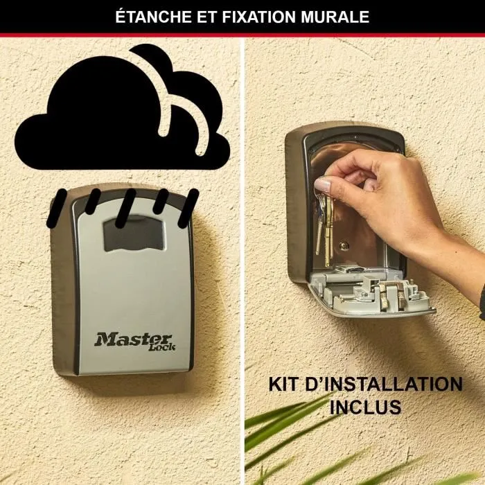 Master Lock - 5403EURD - Coffre-fort de sécurité extérieur mural, XL, avec serrure à combinaison 4 chiffres, boîte à clés, en aluminium, noir/gris, pour logement ou location