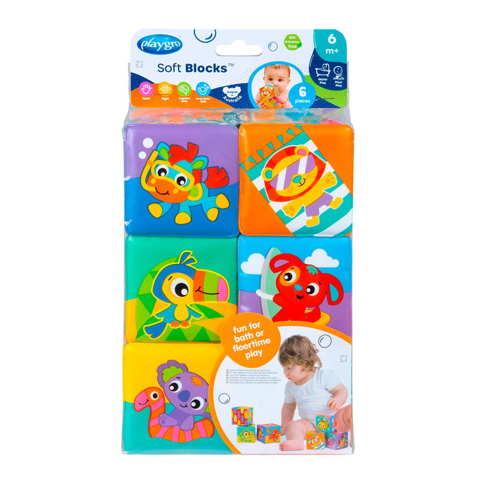 Playgro Blocs de Bain Souples 6 Pièces Multilingue Jeu d'Éveil Motricité Fine +6 Mois