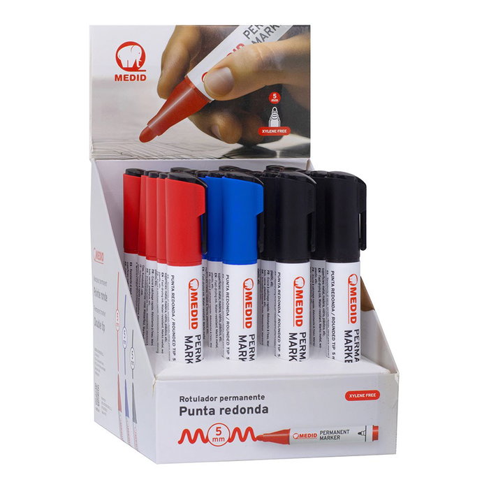 Medid Marqueur permanent pointe large 5 mm couleurs assorties, présentoir de 20 pièces.