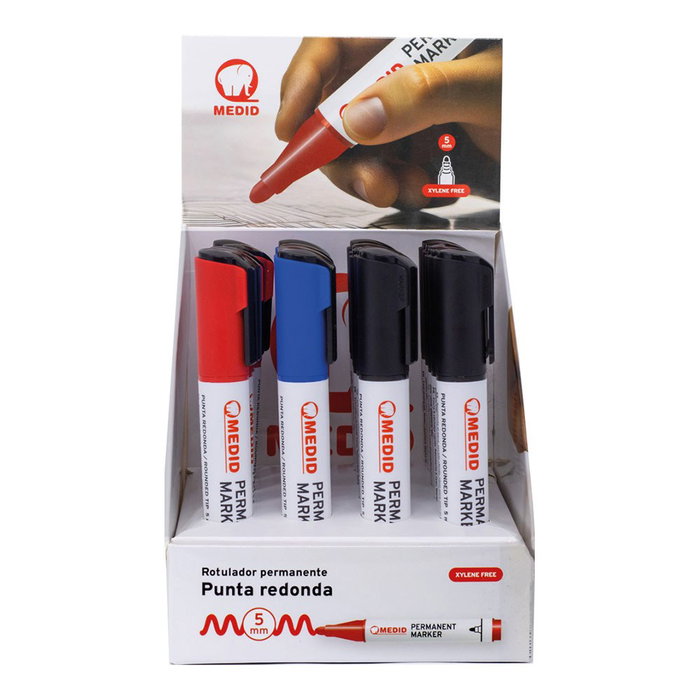 Medid Marqueur permanent pointe large 5 mm couleurs assorties, présentoir de 20 pièces.