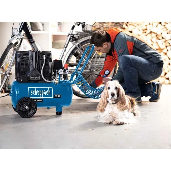 Scheppach HC25Si Compresseur d'air silencieux 24 L 1100W 8 bars 1,5 CV 230 L/min 60 dB, horizontal deux cylindres