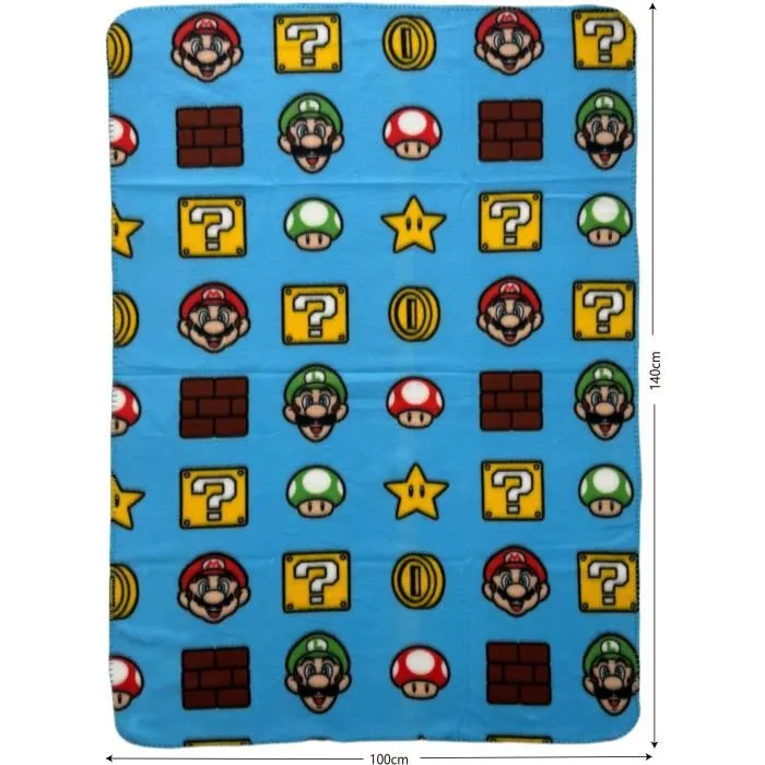Mario Bros - Plaid polaire décoratif Super Mario - 100 x 140 cm - Couverture chaude et douce pour canapé, lit ou voyage - Motif Items fidèle à l'univers du jeu