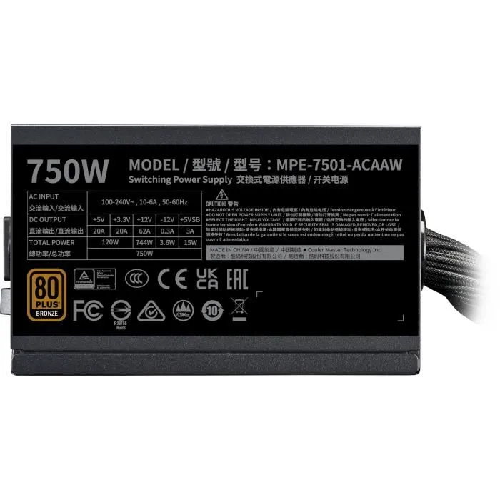 Cooler Master MPE-7501-ACABW-BEU MWE 750 V2 - Alimentation PC ATX 750W 80 PLUS Bronze - Non Modulaire - Ventilateur 12 cm - Noir Cooler Master MPE-7501-ACABW-BEU MWE 750 V2 - Alimentation PC ATX 750W 80 PLUS Bronze - Non Modulaire - Ventilateur 12 cm - Noir