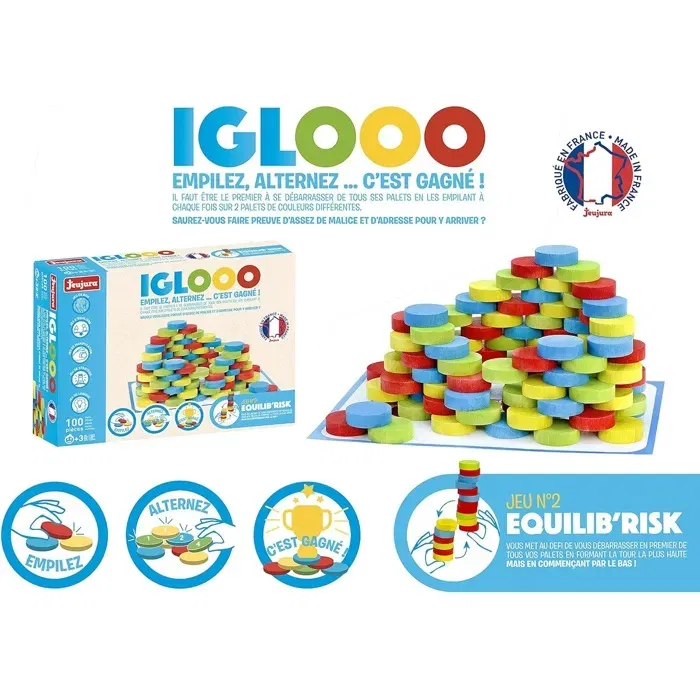 Jeujura Iglooo 100 Pieces - Jeu d'Adresse et de Logique avec Palets et Tapis, Règles Incluses