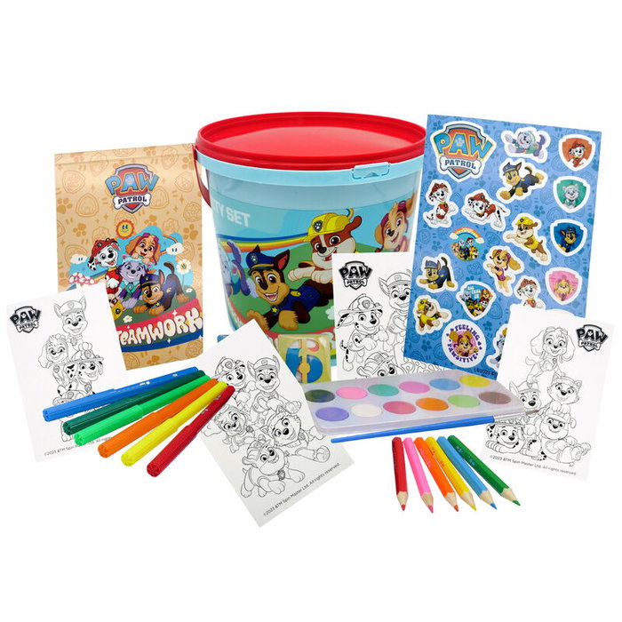 CYP BRANDS - Cubo d'activités Patrulla Canina Paw Patrol avec 46 pièces : aquarelles, feutres, crayons, pochoirs, bloc, stickers et pinceau CYP BRANDS - Cubo d'activités Patrulla Canina Paw Patrol avec 46 pièces : aquarelles, feutres, crayons, pochoirs, bloc, stickers et pinceau