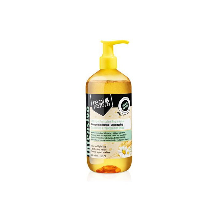 Real Natura Champô Sans Sel Pro Blondes Réparation 500ml - Shampooing réparateur pour cheveux blonds, avec brillance Real Natura Champô Sans Sel Pro Blondes Réparation 500ml - Shampooing réparateur pour cheveux blonds, avec brillance
