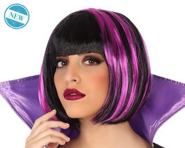 Perruque courte lisse noire avec mèches violettes pour déguisement de vampire ou sorcière - Accessoire cosplay et Halloween