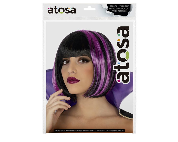 Perruque courte lisse noire avec mèches violettes pour déguisement de vampire ou sorcière - Accessoire cosplay et Halloween