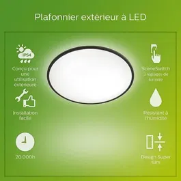 Philips SuperSlim - Plafonnier LED extérieur 15W IP54 noir - Éclairage à LED blanc froid - Installation murale ou au plafond