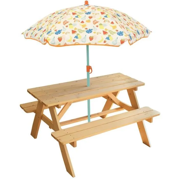 Fun House Table pique-nique pour enfants Fruity's en pin avec bancs et parasol assorti - 53x95x75 cm, orange Fun House Table pique-nique pour enfants Fruity's en pin avec bancs et parasol assorti - 53x95x75 cm, orange