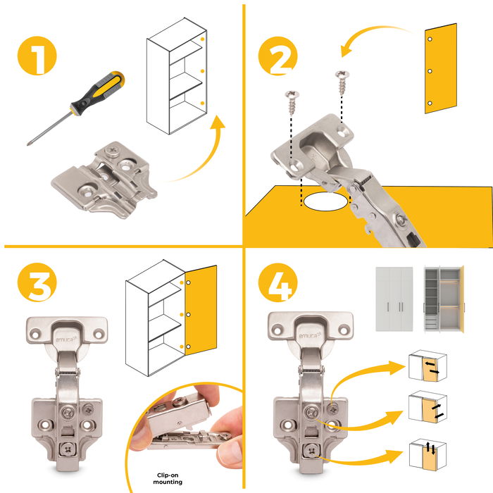 Emuca Lot de 20 charnières droites X91N avec embases à visser, Hauteur 0, Acier, Nickelé Emuca Lot de 20 charnières droites X91N avec embases à visser, Hauteur 0, Acier, Nickelé
