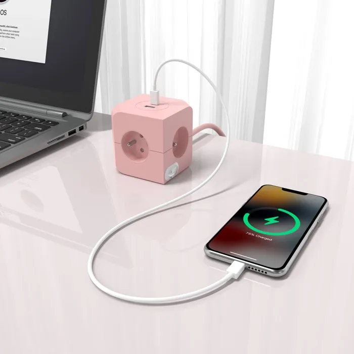 Link2Home Cube multiprise rose avec 4 prises secteur 16A et 2 ports USB