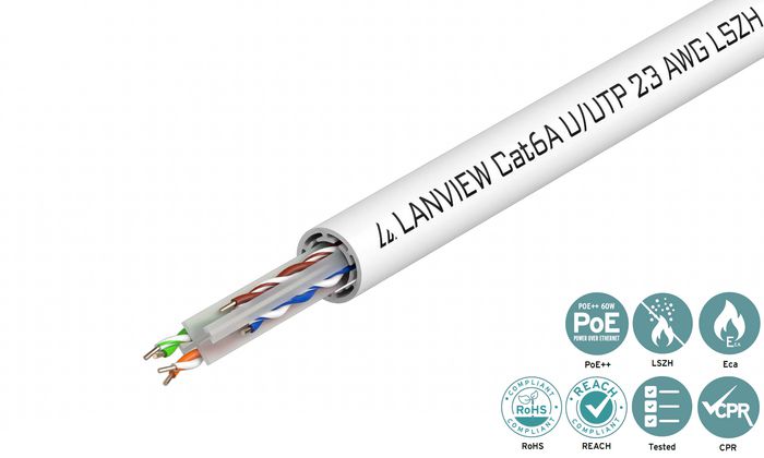 Lanview Câble Ethernet Cat6a U/UTP 500 mètres, 23 AWG, Blanc, LSZH, pour Réseau Haute Performance