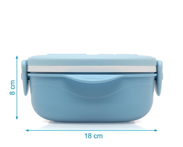 KioKids - Caja Almuerzo - Boîte à déjeuner isotherme carrée en acier inoxydable avec 3 compartiments, couverts et assiette, 450 ml, bleu, +4 mois