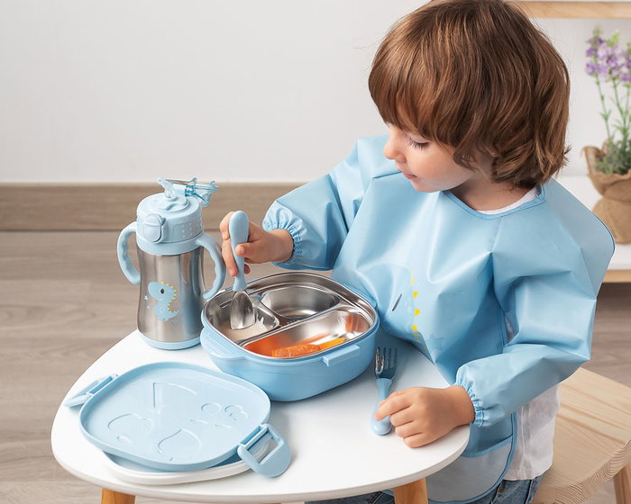 KioKids - Caja Almuerzo - Boîte à déjeuner isotherme carrée en acier inoxydable avec 3 compartiments, couverts et assiette, 450 ml, bleu, +4 mois