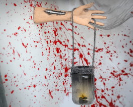 Décor Zombie - Main suspendue avec pot et lumière pour scénographie d'Halloween ou décor d'horreur