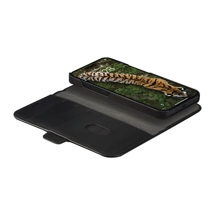 dbramante1928 Lynge - Étui portefeuille 2-en-1 en cuir pleine fleur avec support détachable, compatible recharge sans fil et blocage RFID, pour iPhone 15 Plus Noir