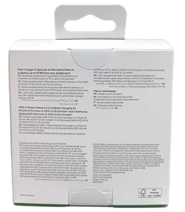 Belkin Chargeur mural 67W Trio 3 ports USB-C Blanc WCC002VFWH Belkin Chargeur mural 67W Trio 3 ports USB-C Blanc WCC002VFWH