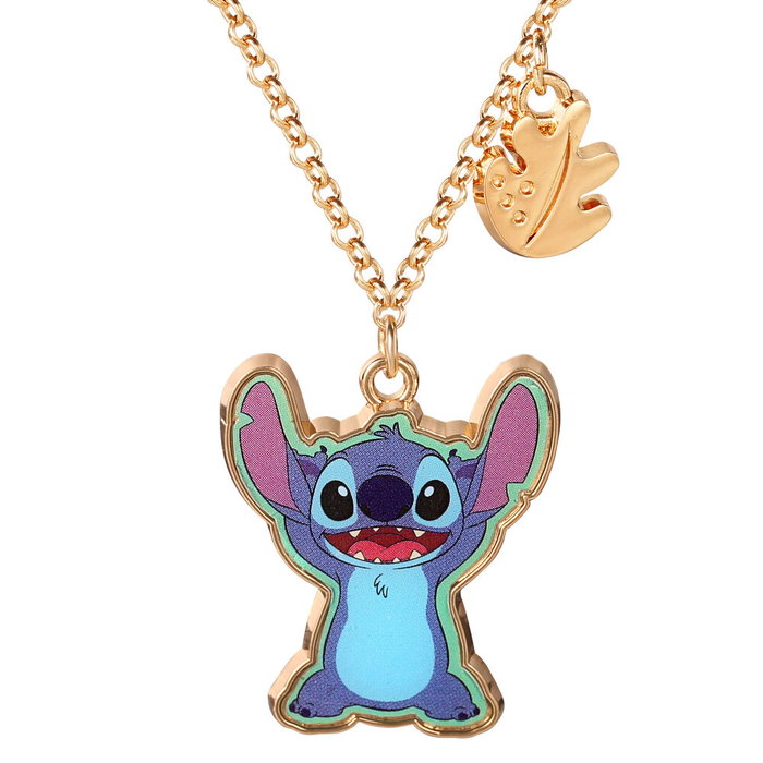Colgante Disney Stitch - Pendentif émaillé avec feuille en pendentif et chaîne dorée