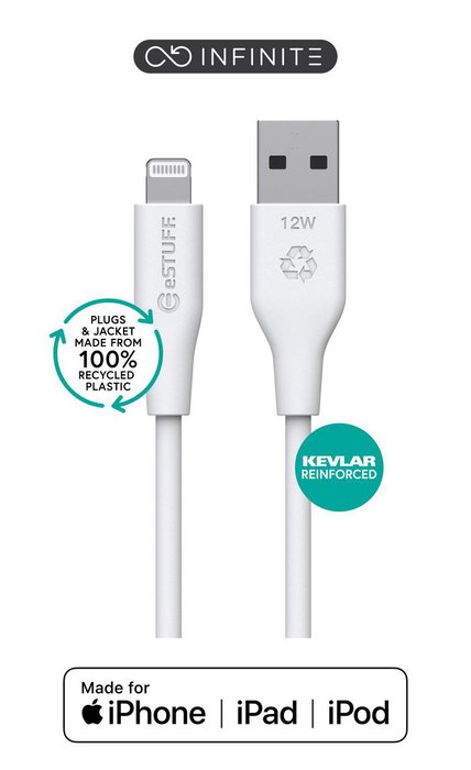 eSTUFF Câble USB-A vers Lightning INFINITE (GRS) MFi 2 m Blanc - Super souple et durable, conçu avec des matériaux recyclés eSTUFF Câble USB-A vers Lightning INFINITE (GRS) MFi 2 m Blanc - Super souple et durable, conçu avec des matériaux recyclés