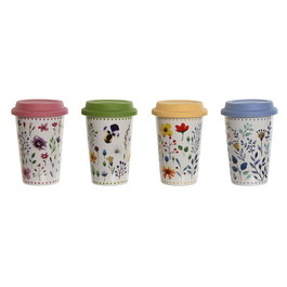 Tasse avec Couvercle DKD Home Decor Multicouleur Fleurs 400 ml (4 Unités)