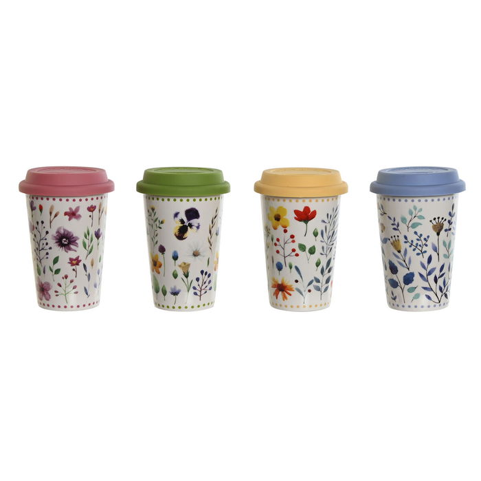 Tasse avec Couvercle DKD Home Decor Multicouleur Fleurs 400 ml (4 Unités) Tasse avec Couvercle DKD Home Decor Multicouleur Fleurs 400 ml (4 Unités)