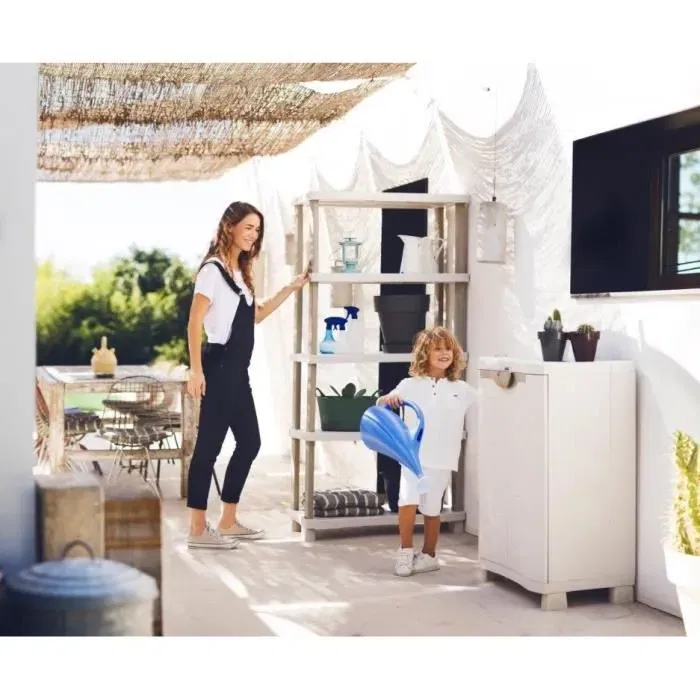 Plastiken Armoire basse de rangement en résine - 2 portes et 2 étagères - Beige - 70 x 45 x 100 cm