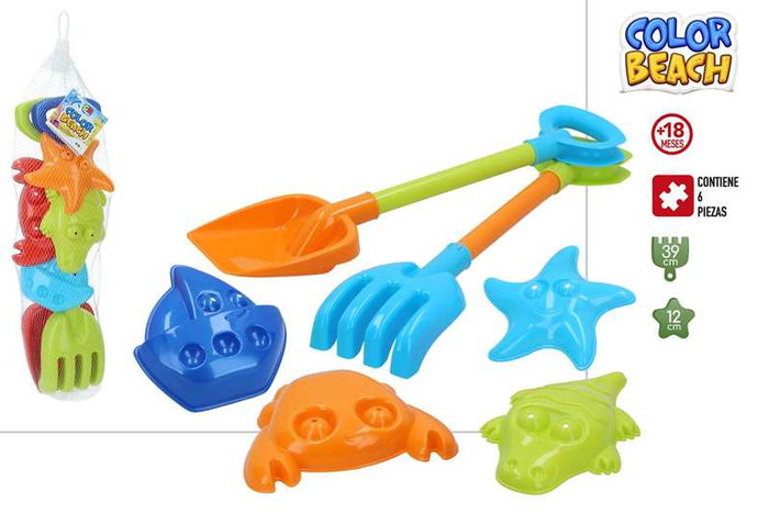 Color Baby Set de pelles, râteau et 4 moules 39 cm - modèles assortis - modèles assortis - Jouet de plage en plastique PP