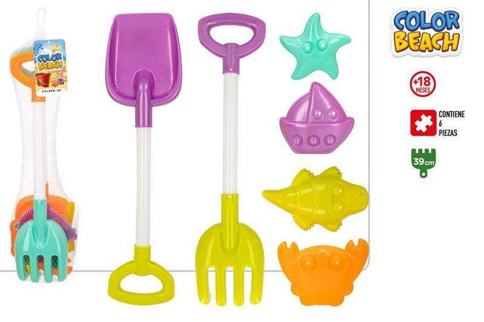Color Baby Set de pelles, râteau et 4 moules 39 cm - modèles assortis - modèles assortis - Jouet de plage en plastique PP