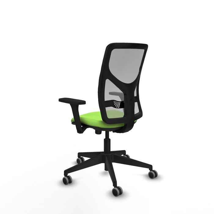 Chaise Motilla Synchro 3 positions tissu Vert pistache Maille Gris Base pyramidale noire Accoudoir 3D Sans appui-tête Roulettes 65mm pour moquette