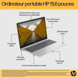 HP Portable PC 15-fc0158nf - PC Portable 15.6 pouces FHD, Processeur AMD Ryzen 3 7320U, 8 Go RAM, 512 Go SSD, Windows 11, Clavier AZERTY