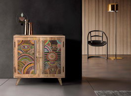 GINER Y COLOMER - Buffet 2 portes en bois de manguier naturel avec motifs ethniques peints à la main - 60 x 60 x 30 cm
