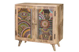 GINER Y COLOMER - Buffet 2 portes en bois de manguier naturel avec motifs ethniques peints à la main - 60 x 60 x 30 cm
