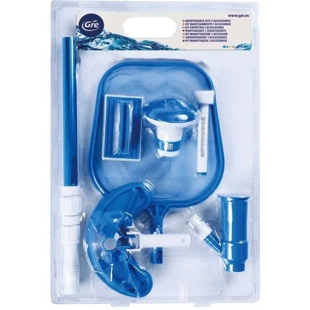 Gre - Kit de Nettoyage de Piscine 6 Accessoires (Manche Télescopique 120 cm, Brosse Ligne d'Eau, Épuisette, Thermomètre, Balai, Diffuseur)
