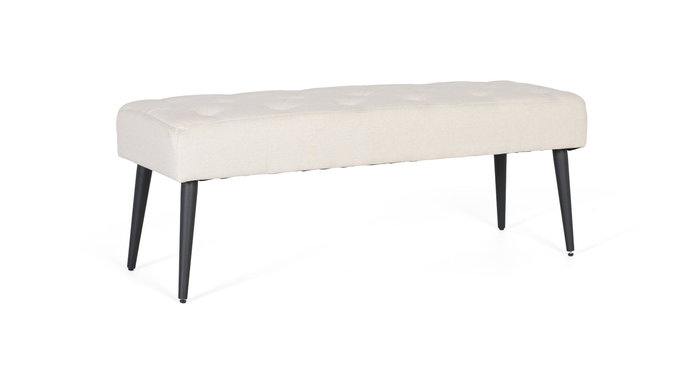 GINER Y COLOMER Banc avec assise en tissu beige capitonnée, structure en bois et pates coniques en fer noir, nécessite un montage